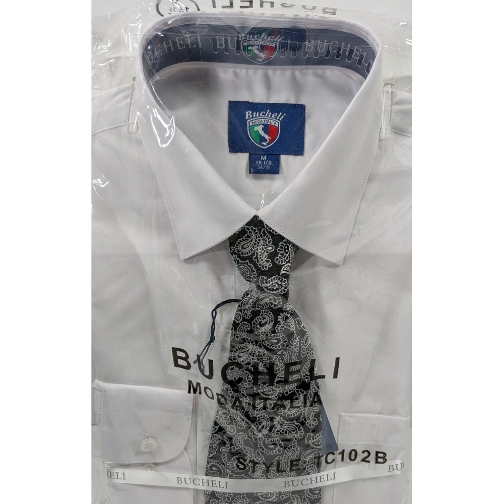 BUCHELI Men's Dress Cotton Blend WHITE Shirt M 15.5" With Matching Tie Set